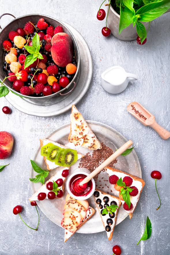 Fruit toast on grey background - Stock Photo - Images