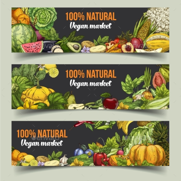 Fruits and Vegetables on Isolated Banners - Food Objects