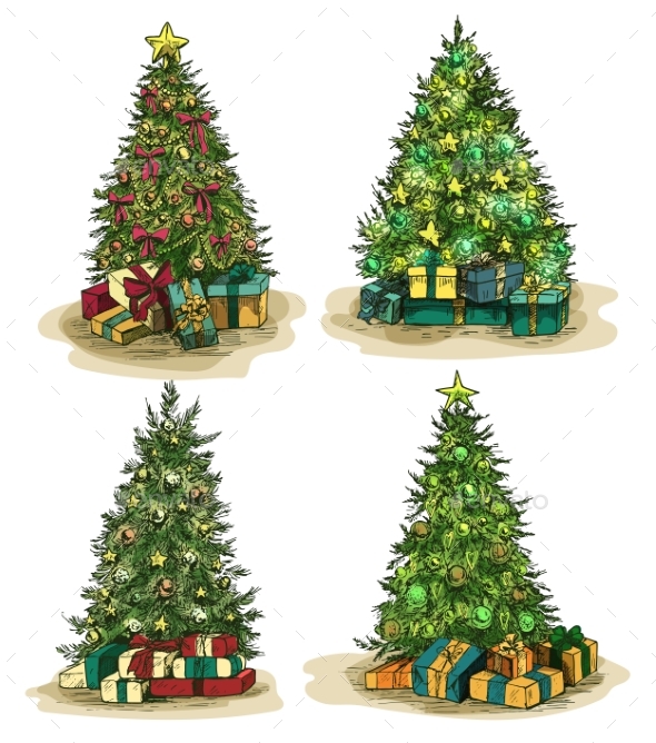 Box Gifts Under Fir-Tree at New Year or Xmas Eve - Christmas Seasons/Holidays