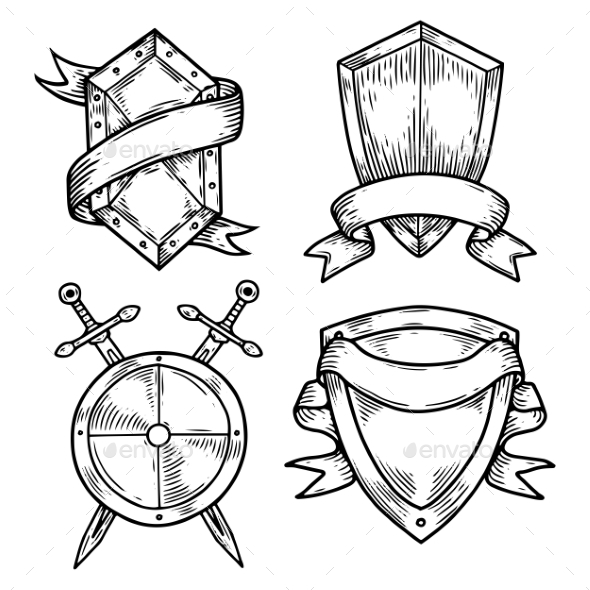 Set of Isolated Medieval Shields with Ribbons - Miscellaneous Vectors