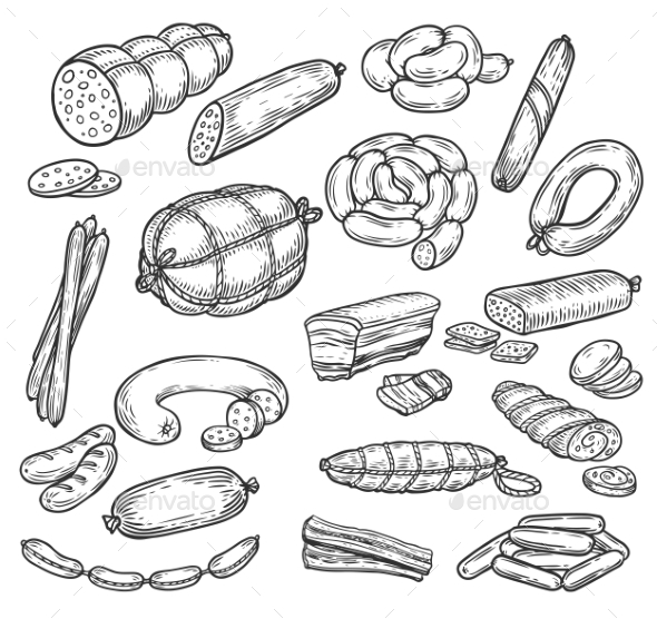 Sketches of Meat Products - Food Objects