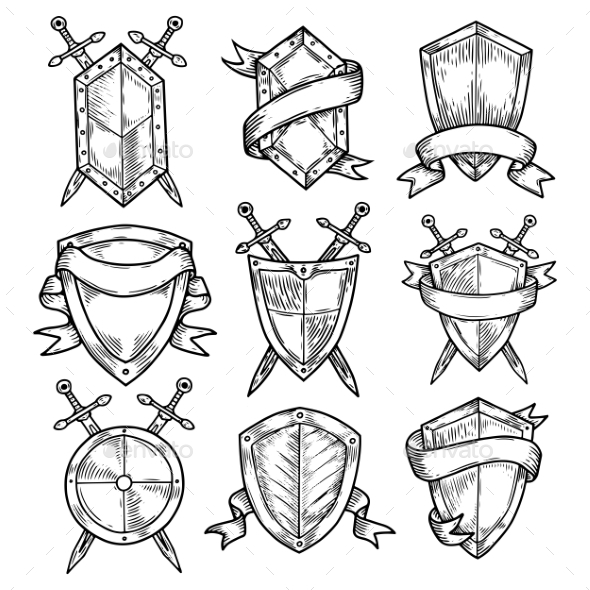 Blank or Empty Shields with Swords and Ribbons - Miscellaneous Vectors