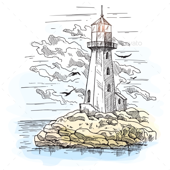 Island with Rocks and Lighthouse Building - Buildings Objects