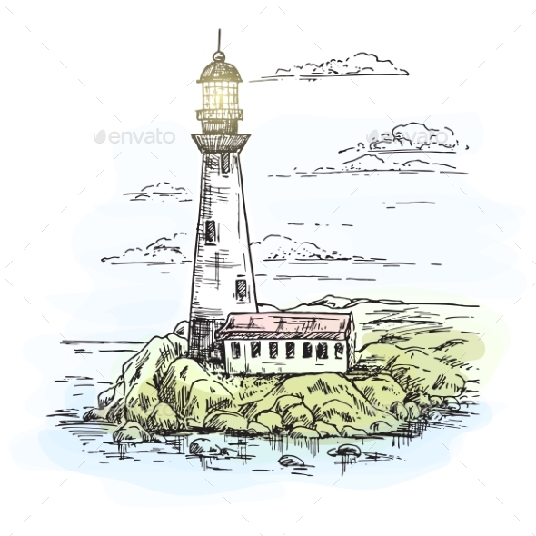 Lighthouse on Island with Rocks Sketch - Buildings Objects