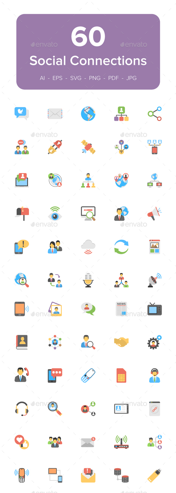 60 Social Connections Flat Icons - Icons