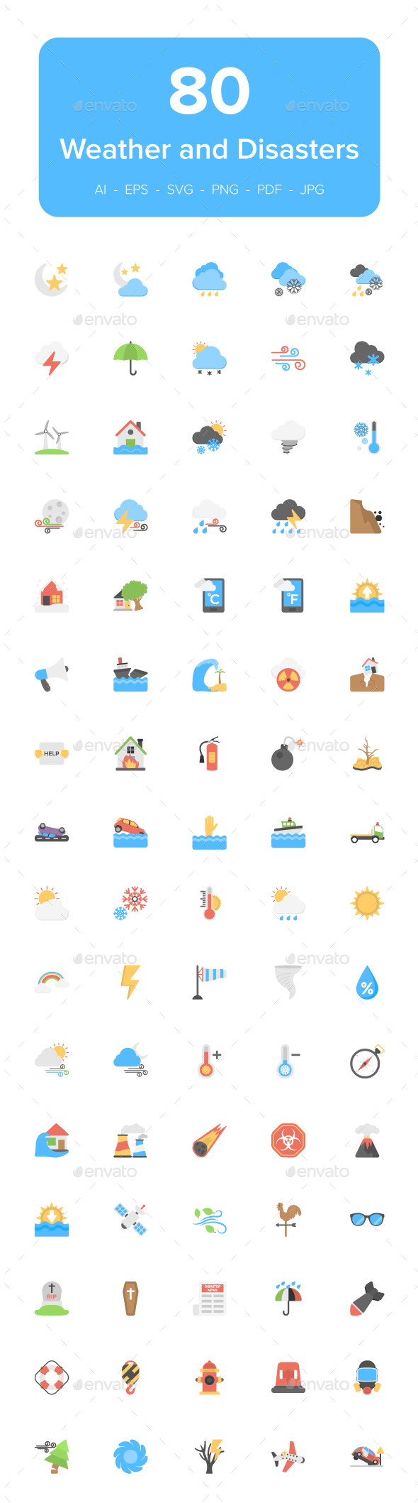 80 Disaster and Weather Flat Icons - Icons