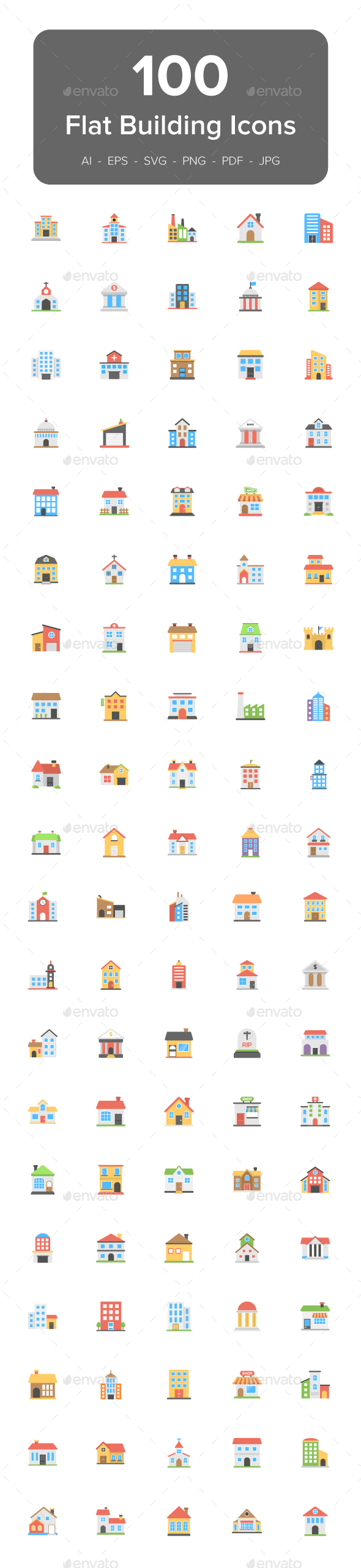 100 Buildings Flat Vector Icons - Icons