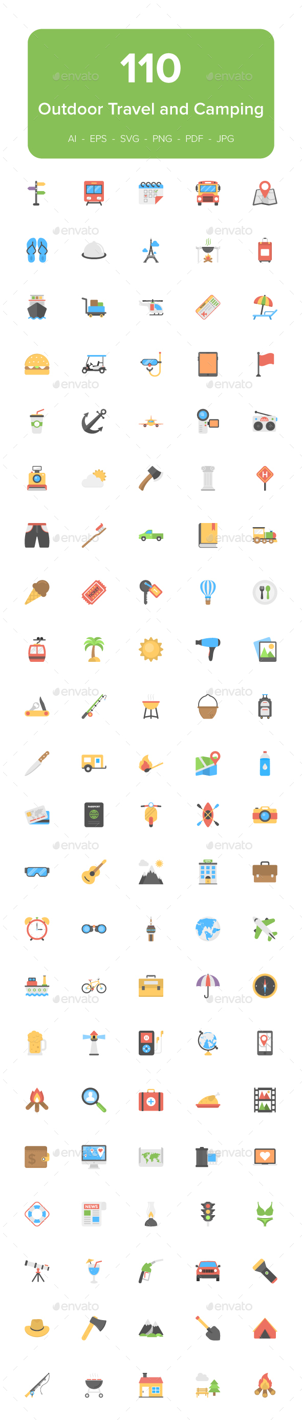 110 Outdoor Travel and Camping Flat Icons - Icons