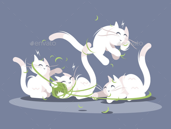 Kittens Play with Ball of Threads - Animals Characters