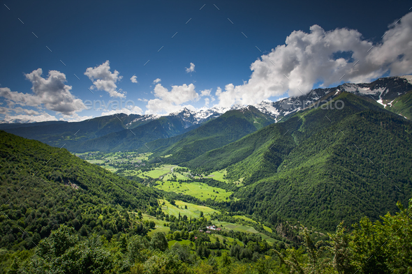 Panorama summer landscape with green hill mountain - Stock Photo - Images