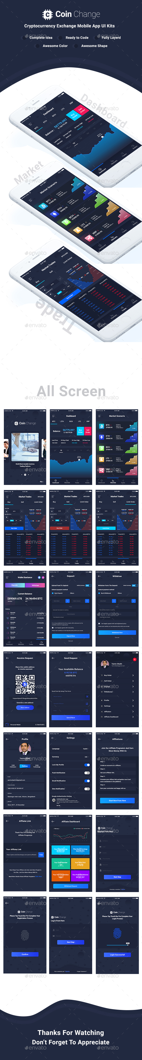 Coin Change - Cryptocurrency Exchange App UI Kits - User Interfaces Web Elements