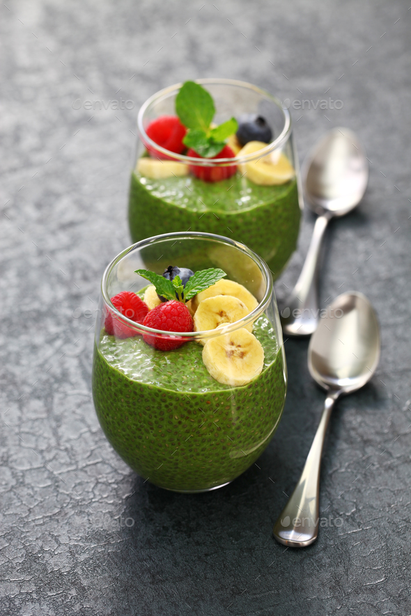 Homemade Matcha Green Tea Chia Seed Pudding Stock Photo By Motghnit