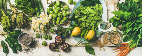 Spring healthy vegan food cooking ingredients, top view - Stock Photo - Images