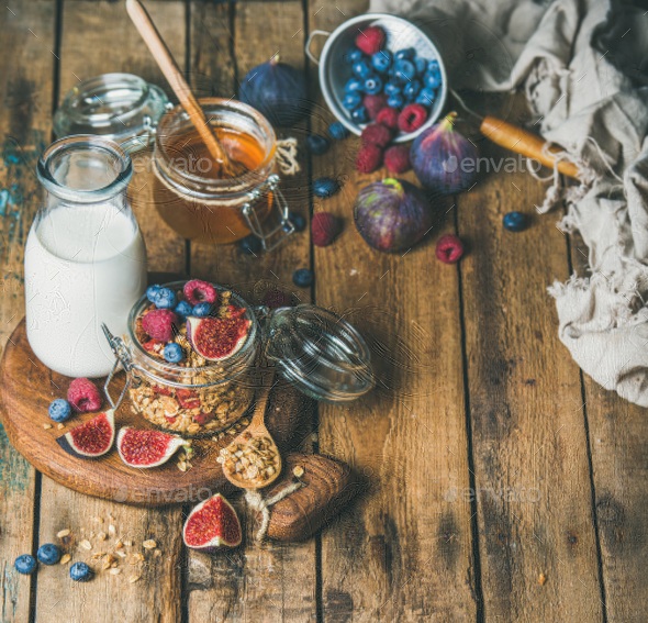 Vegetarian breakfast with Oatmeal granola and almond milk, copy space - Stock Photo - Images