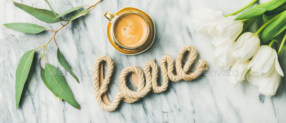 Saint Valentines Day layout with coffee and tulips - Stock Photo - Images