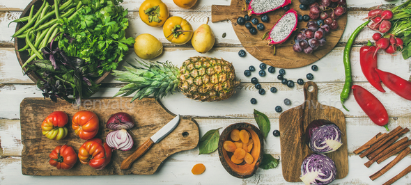 Helathy vegan food cooking background with fruites and vegetables - Stock Photo - Images