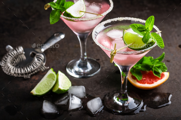 Margarita cocktail with salted rim, fresh lime and grapefruit juice - Stock Photo - Images