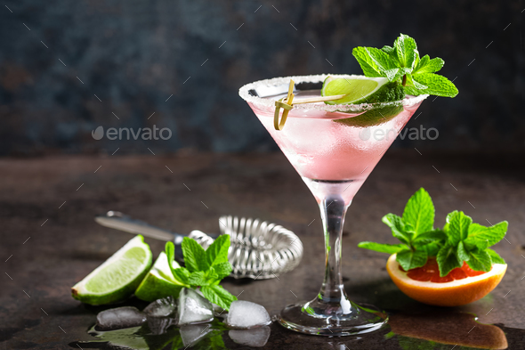 Margarita cocktail with salted rim, fresh lime and grapefruit juice - Stock Photo - Images