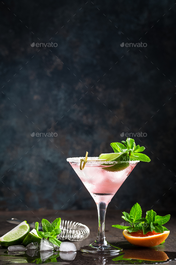 Margarita cocktail with salted rim, fresh lime and grapefruit juice - Stock Photo - Images