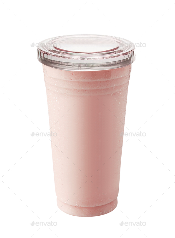 Plastic cup of milkshake with strawberries isolated on white Stock