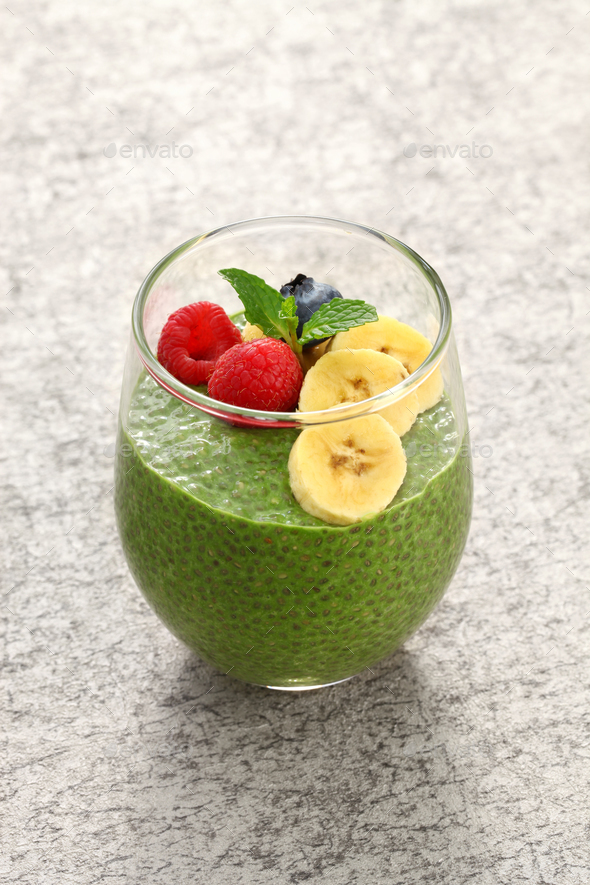 homemade matcha green tea chia seed pudding Stock Photo by motghnit