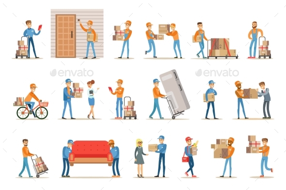 Different Delivery Service Workers and Clients - Services Commercial / Shopping