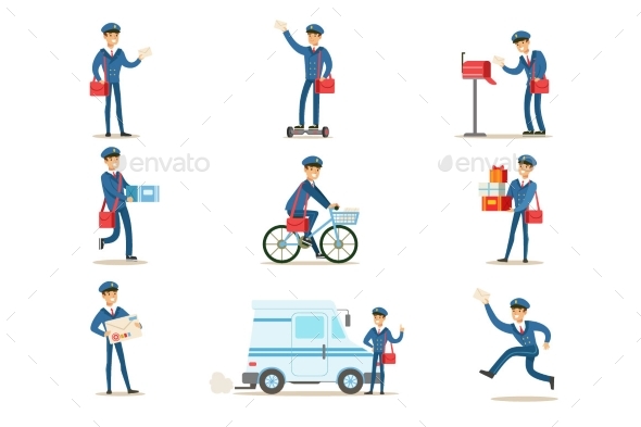Postman in Blue Uniform With Red Bag Delivering - People Characters