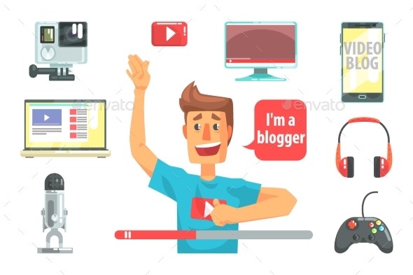 Guy Video Blogger and His Recording Equipment Set - Man-made Objects Objects