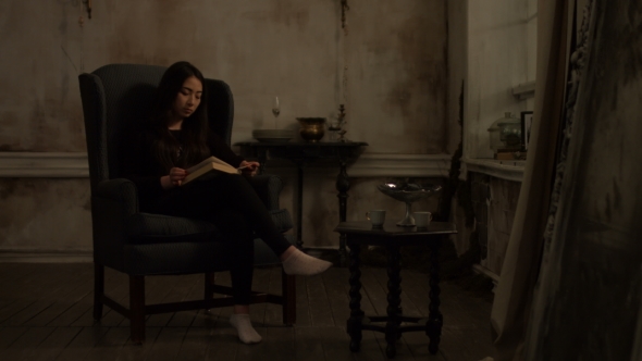 Cute Asian Woman Reading a Book in Retro Interior alt