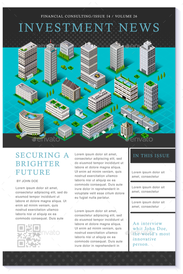 Financial Newsletter Annual Report Vector Flyer Template - Buildings Objects