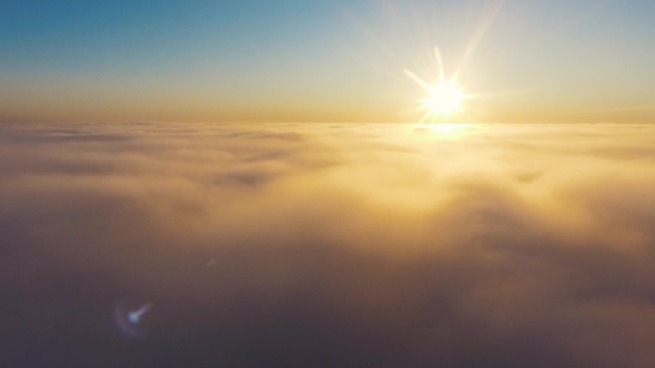 Aerial View. Flying in Fog, Fly in Mist. Aerial Camera Flight Above the ...
