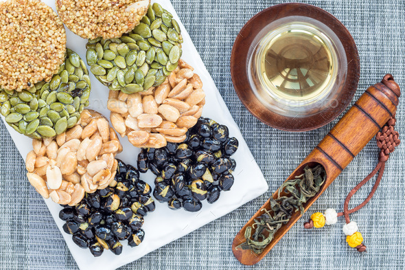Korean traditional sweet snacks. Healthy energy snacks. Top view, horizontal - Stock Photo - Images