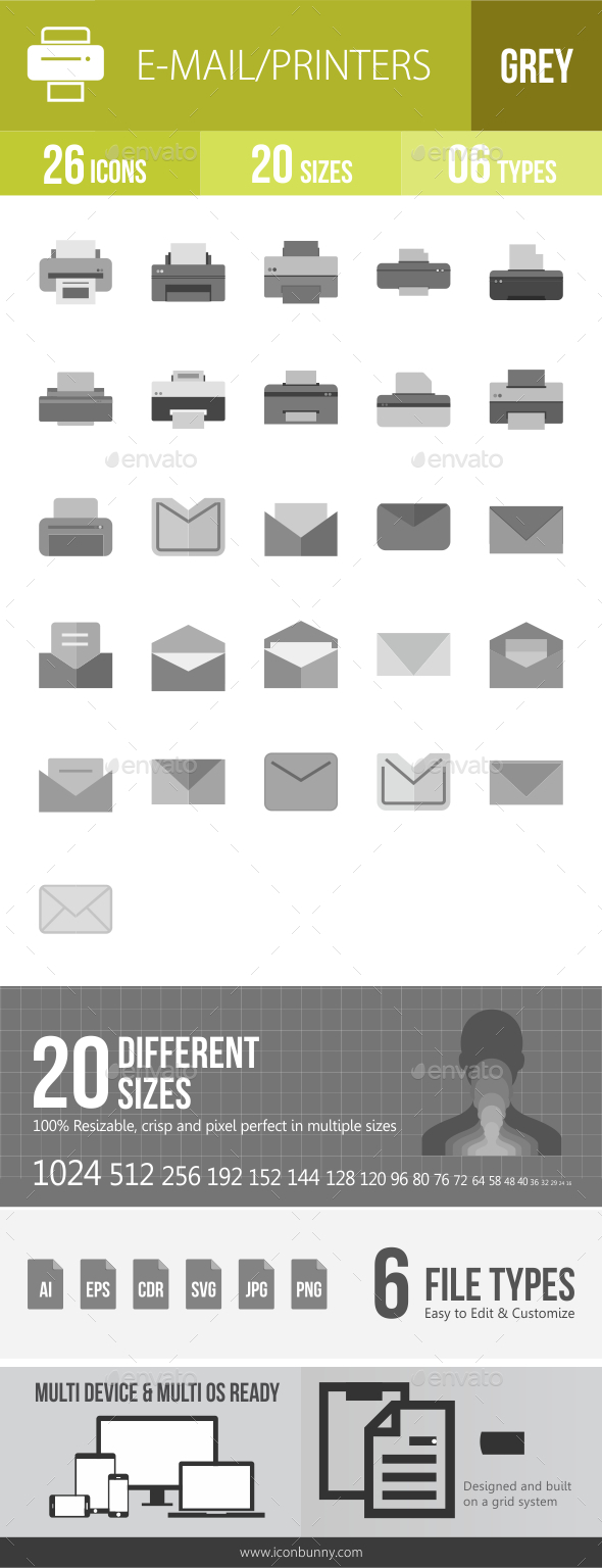 26 Email & Printer Grey Scale Icons - Icons