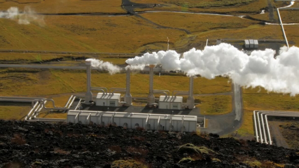 Main Building of Geothermal Station Near of Reykjavik in Iceland, Top View of Emitted Steam