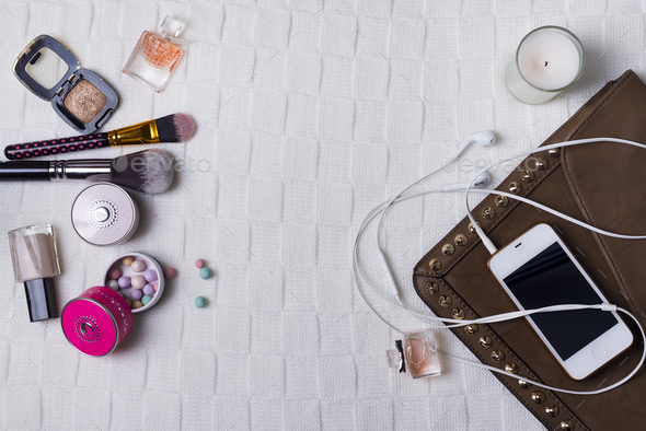 Still life of fashion woman, objects on white - Stock Photo - Images