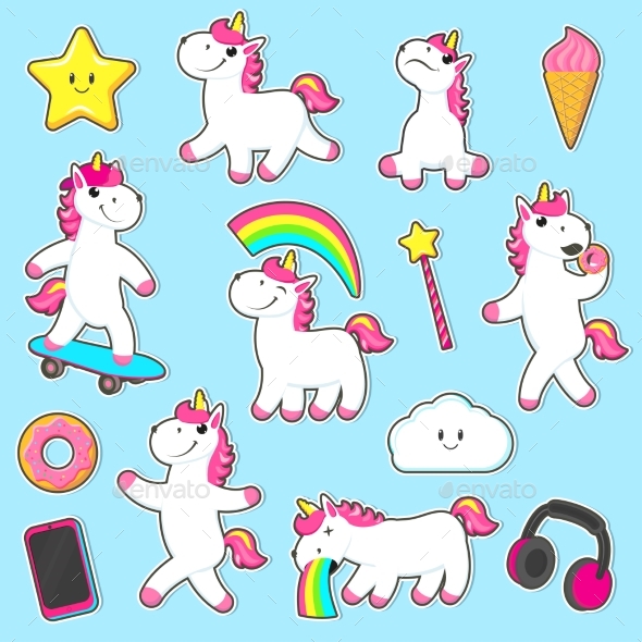Set of Rainbow Unicorn Character Stickers - Animals Characters