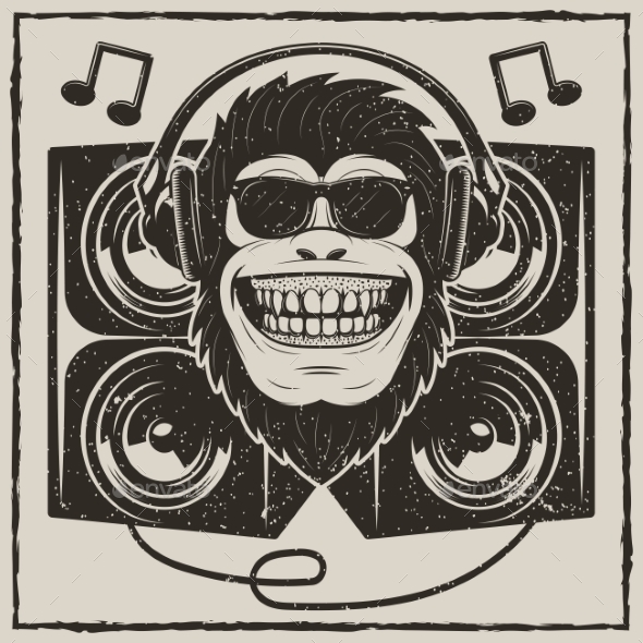 Cool Music Monkey Vector Grunge T-Shirt Printing - Animals Characters