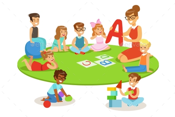 Young Children Learning Alphabet And Playing In - Miscellaneous Vectors