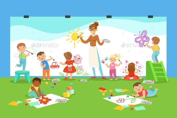 Young Children In Art Class Drawing And Painting - Miscellaneous Vectors