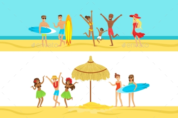Happy People On Tropical Beach Vacation In Hawaii - People Characters