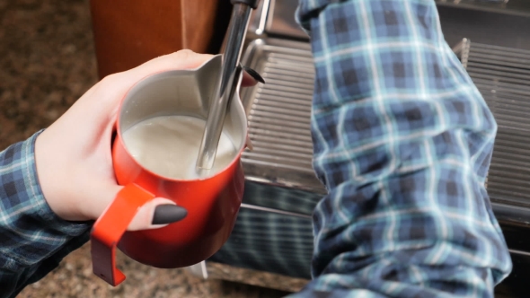 Coffee house Barista Making Cappuccino Making Espresso and Steam Milk Barista at Work Preparing alt