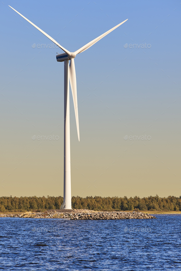 Wind turbine in the baltic sea. Renewable green energy. Finland Stock Photo by ABBPhoto
