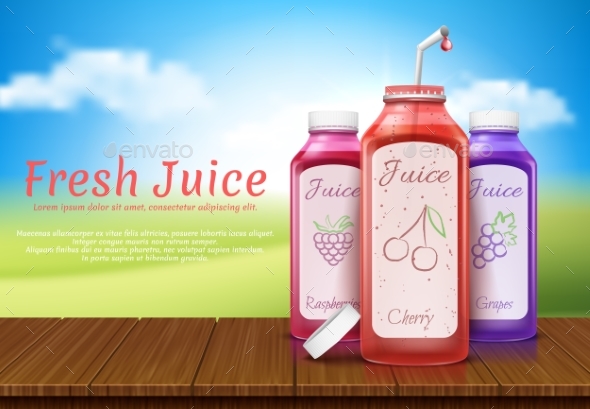 Vector Realistic Banner with Juice Bottles - Food Objects