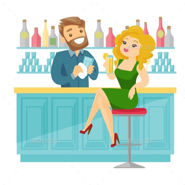 Caucasian White Woman Sitting at the Bar Counter. - People Characters