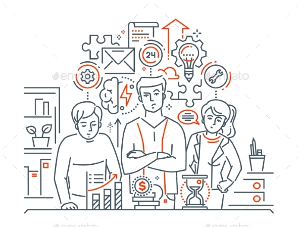 Team Work - Modern Line Design Style Illustration - Concepts Business