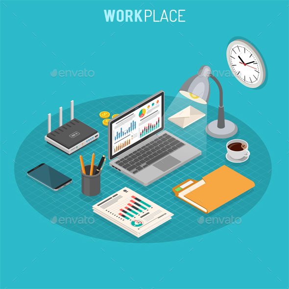 Workplace Isometric Concept - Concepts Business