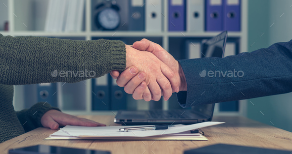 Man and woman shaking hands over business agreement Stock Photo by stevanovicigor