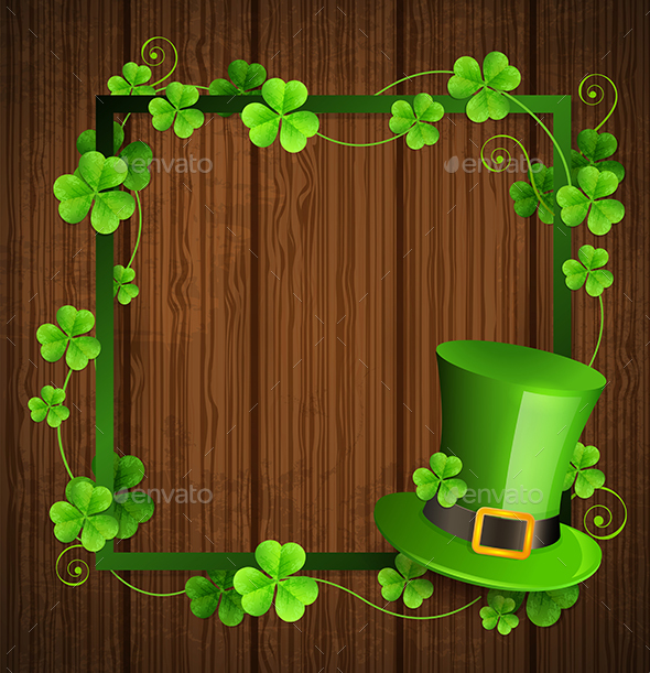 Сlover Leaves and Green Hat on a Wooden Background - Miscellaneous Seasons/Holidays