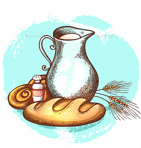 Jug of Milk and Fresh Bread - Food Objects