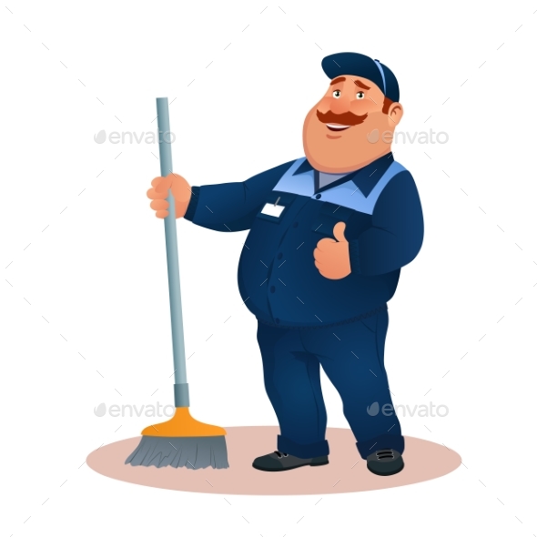Cartoon Janitor with Mop. Smiling Fat Man. - People Characters